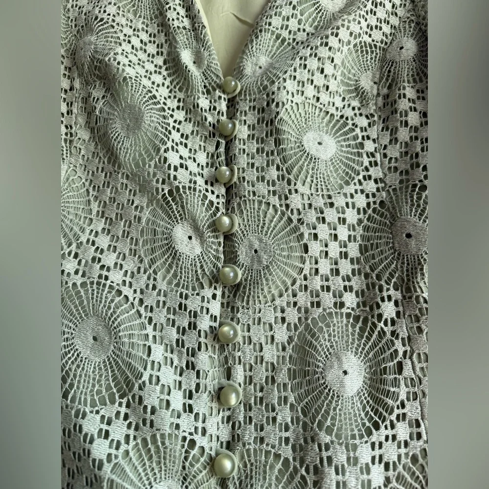 Vintage Lee Jordan Lace Crochet Jacket Blouse Sage Green Button Front Cottagecor